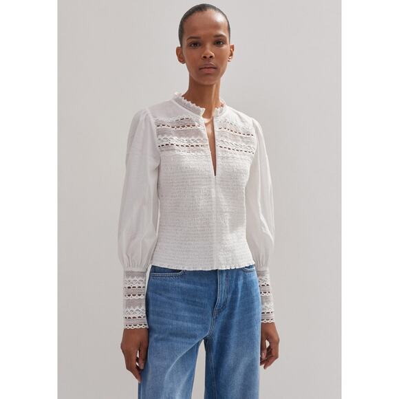 ME+EM Shirred Lace Trim Zip Front Dainty Cotton Blouse 12 - Picture 2 of 7